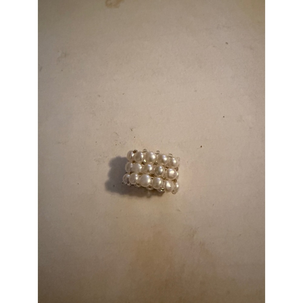White Faux Pearl Beaded Stretch Ring Wide Band Triple Row Costume Jewelry